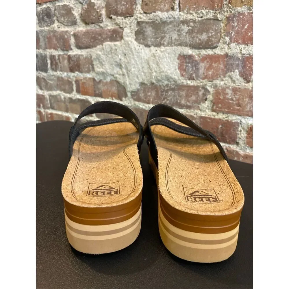 REEF • Black Vegan Leather Braided Double Strap Tan Cork/Foam 2” Sole Slide Sand